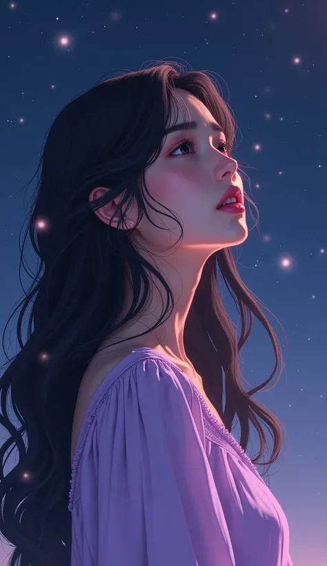 1girl, long hair, beautiful detailed face, lilac dress, closeup of starlight, zoom layers, crying, sad expression, side profile