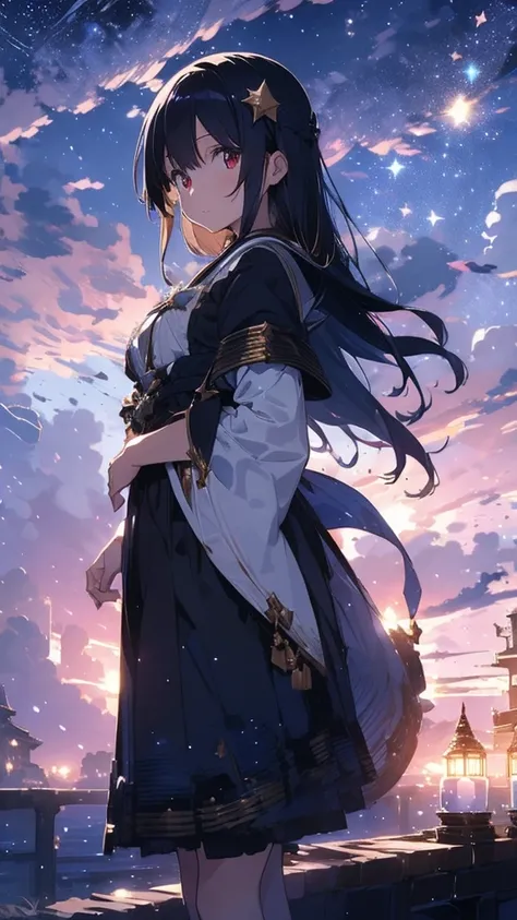 starry sky inspired ornaments and dresses. A beautiful star-filled sky and sea of clouds. Detailed drawing. Vivid colors. High image quality., High quality Japanese illustrations like A1 pictures. A cute girl knight with black hair and red eyes held her sw...