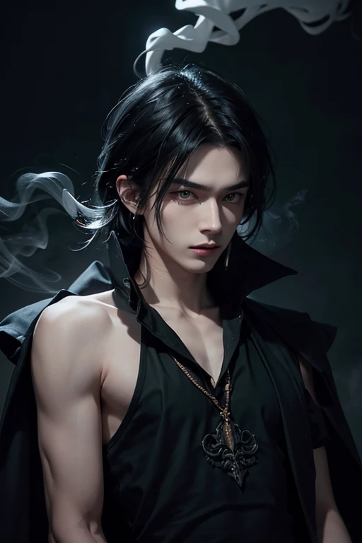 realistic, high angle, slim, Korean male, pale skin, sharp jawline, green eyes, black hair with bangs, content expression, wearing a ring and piercings, young adult male with handsome features, dark and mysterious aura, looking at the camera, slight playfu...