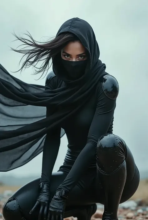 live-action、Real、Female Android Ninja、Black body、Black scarf、 Running while squatting, arms pulled back, and face sticking out、Hair and scarf fluttering in the wind、Cloudy、
