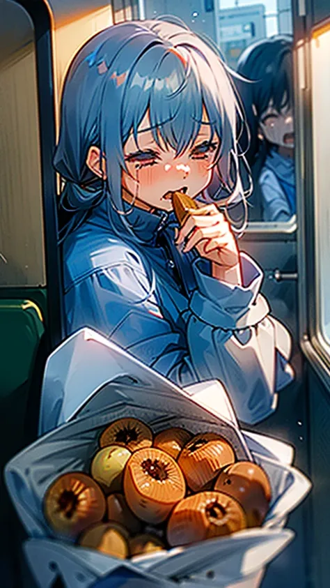 With a wrinkled face and big tears, I close my eyes and shed a flood of tears,hakase_fuyuki eating potatoes on the train while turning away, screaming and crying, and leaning her face back slightly