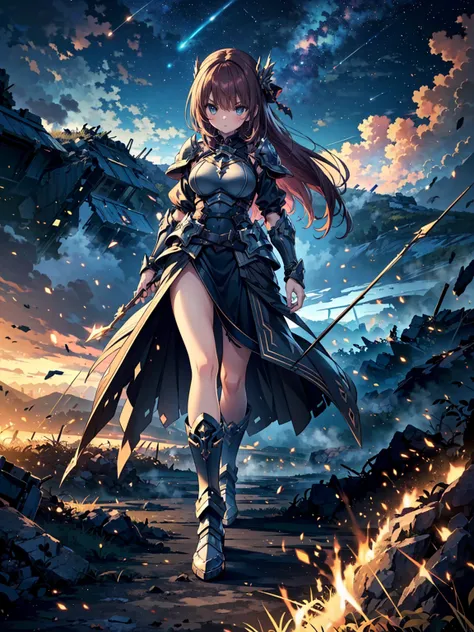 (((masterpiece, best quality, high detailed, 16k))) (1girl) A fierce and adventurous female warrior with long, flowing auburn hair and bright, determined blue eyes. Her armor is lightweight and sleek, adorned with stars and bow motifs. She carries a massiv...