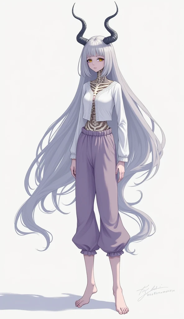 Gray and white super long hair、pale complexion、Golden Eyes 、Partial skeleton exposed、A pair of gray and slender dragon horns sprouted from the head、The expression was serious、Tall and thin、Small breasts、Wearing a white women&#39;s lace long-sleeved shirt a...