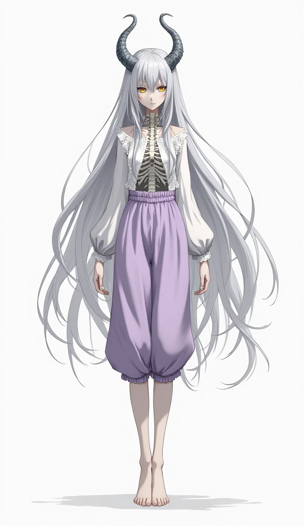 Gray and white super long hair、pale complexion、Golden Eyes 、Partial skeleton exposed、A pair of gray and slender dragon horns sprouted from the head、The expression was serious、Tall and thin、Small breasts、Wearing a white women&#39;s lace long-sleeved shirt a...