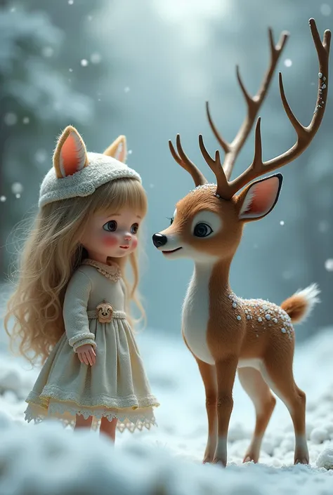 a doll ragdoll in the snow, a deer friend, 3D, cartoon, Tim Burton style, detailed doll face, detailed deer, cinematic lighting, moody color palette, whimsical, fantastical, photorealistic, highly detailed