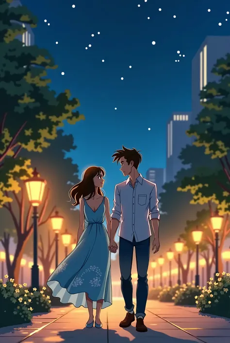 1. Environment Scenario: Urban, sidewalk lit by amber lights, surrounded by trees and flowers along the way.

TIME OF DAY: night, deep blue sky dotted with bright stars.

Weather Conditions: clear sky, Gentle breeze, peaceful and magical atmosphere.

Backg...