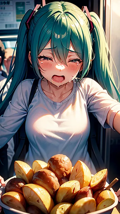 whole body, Crowded train , On a crowded train ,crowd,With a wrinkled face and big tears, I close my eyes and shed a flood of tears,hatsune miku eating large amount of fried potatoes in the train while turning away, screaming and crying, and leaning her fa...