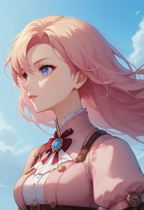 best quality, masterpiece, upper body, woman, blonde hair blown in the wind, shining eyes, steampunk nude style, thin clothes, pink clothes, pink hair, Drestoria-Style_V2, Zyrnox-Exoterra Style