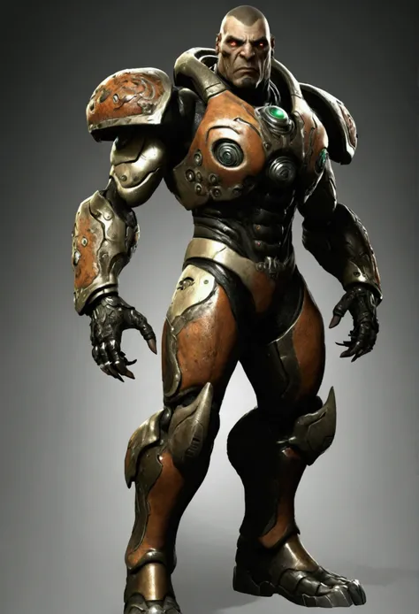 Quake 4 game character, strogg empire, villain, male with full body, cyborg strong,