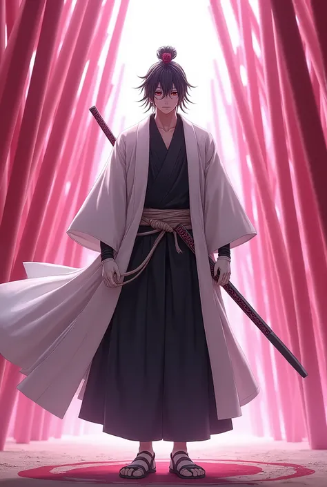 man, white haori, blusa preta que se junta com a black long pants, black long pants, White tekko gloves, kenseikan in the hair, pink katanas surrounding the character, open space, Um grande circulo de pink katanas surrounding the character, a thin, sharp k...