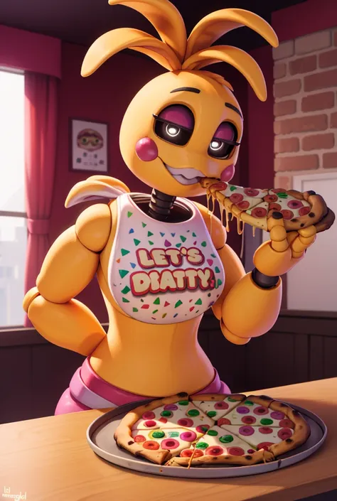 (toy chica animatronic, hyper detailed, intricate, photorealistic, 8k, award winning, vibrant colors, dynamic lighting, pizza, f...