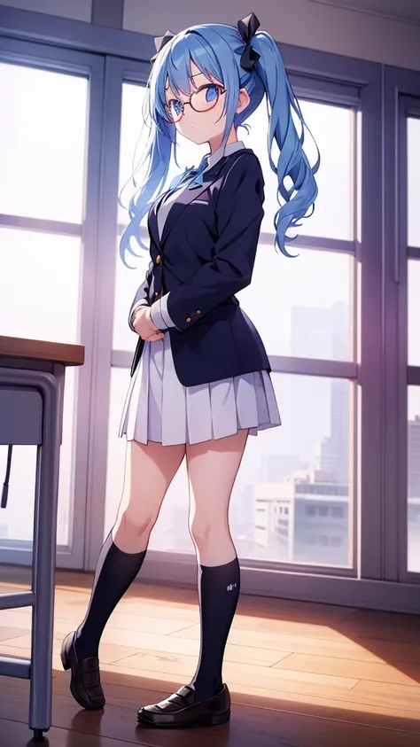 Anime girl standing with her arms folded behind her back　Twin tails　Glasses　White crew socks　Black Loafers　Blazer uniform　tie　Light blue hair　classroom