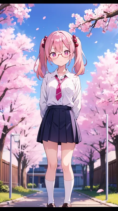 Anime girl standing with her arms folded behind her back　Twin tails　Glasses　White crew socks　Black Loafers　Blazer uniform　tie　Pink Hair　Cherry blossom trees