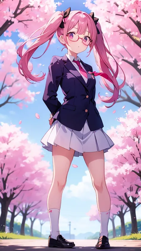 Anime girl standing with her arms folded behind her back　Twin tails　Glasses　White crew socks　Black Loafers　Blazer uniform　tie　Pink Hair　Cherry blossom trees