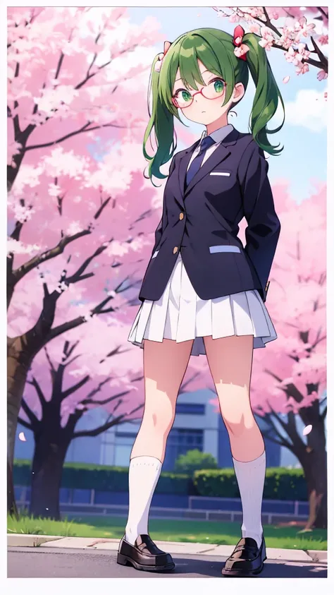 Anime girl standing with her arms folded behind her back　Twin tails　Glasses　White crew socks　Black Loafers　Blazer uniform　tie　Green Hair　Cherry blossom trees