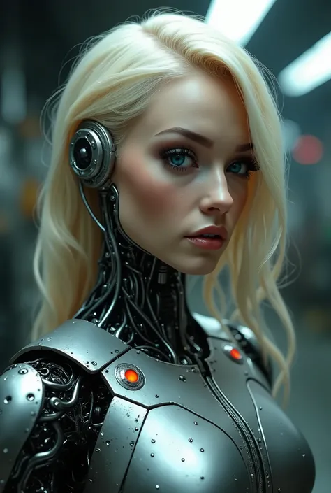 a sexy blonde woman, a female robot, detailed face, beautiful eyes, detailed lips, long eyelashes, metal body, futuristic, intricate machinery, industrial, high quality, realistic, photorealistic, 8k, hyper detailed, cinematic lighting, vibrant colors, dra...