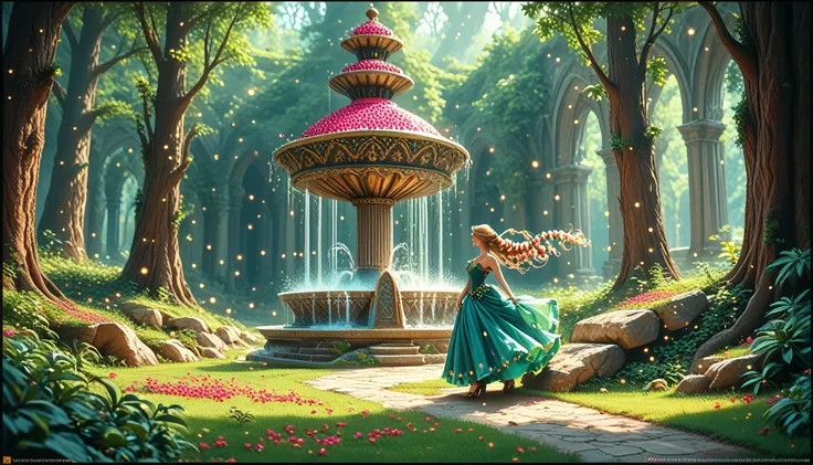 Forest Massif Green Fir Trees, Grass Green, Very beautiful path of stones, border, Bench, Fountain Anthill with Golden Patterns and Emerald Stones, The water flows crystal clear, Cherry Berries Very Colorful Fruits, Girl with a Bow, Very Sexy Beautiful,((D...