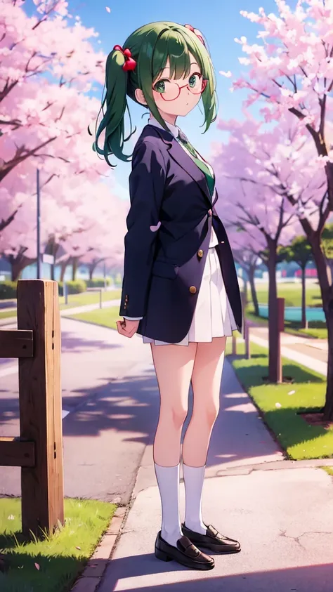 Anime girl standing with her arms folded behind her back　Twin tails　Glasses　White crew socks　Black Loafers　Blazer uniform　tie　Green Hair　Cherry blossom trees