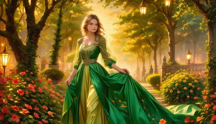 1 girl "Michelle Pfeifer com vestido rojo Esmeralda longo", Pintura: An enchanting work of art depicting a girl wearing silk, a view of a caminho with a caminho leading to a garden with trees and flowers, jardim encantado, fantasy gorgeous lighting, paisag...