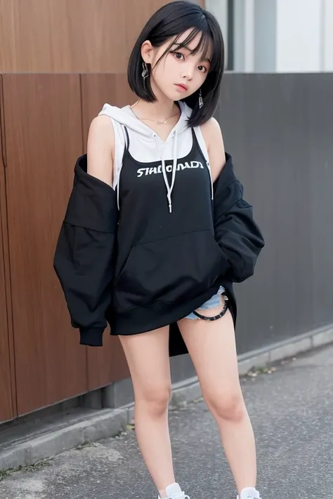 One Girl，Black Hair，Asymmetrical princess cut，Off-the-shoulder hoodie，Very short skirt，Wearing sneakers,Short、I can see from your head to your shoes、Standing、Wearing school uniform、Looks like you&#39;re not wearing anything、Too much exposure、Short length c...