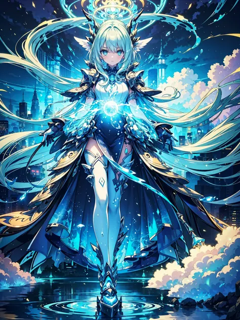 (((masterpiece, best quality, high detailed, 16k))) (1girl) An ethereal female warrior with short, flowing silver-blue hair and radiant aqua eyes. Her armor is light and futuristic, adorned with swirling water and air symbols. She carries a staff topped wi...