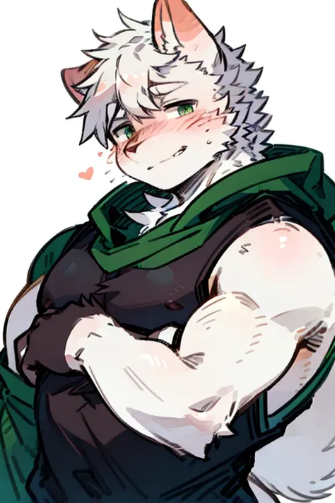 An Anime style Top Body and Right Side Body Picture of A Very Muscular Kemono Furry Style Gray Wolf. He is wearing A Dark Green Soldier Outfit. His one hand is together above his head while his another. The background is white. He have Gray messy and spike...