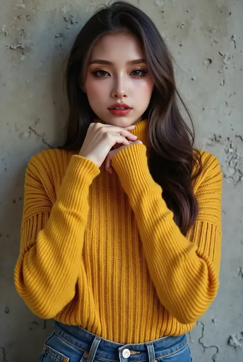 Best Quality, 1 Beautiful Woman, 2, S, 35mm Lens,, Cowboy Shot, Concrete Background、Mortar style background、Yellow turtleneck thick waffle knitwear、Mortar wall,From below、Straight Hair、Straight Hair、Shiny Hair,Smooth Hair、Dark beige hair color、Denim pants、...