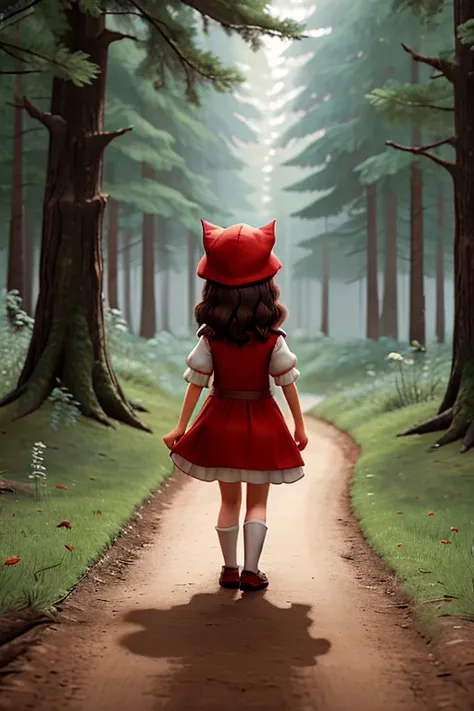 Little Red Riding Hood entering the forest: Little Red Riding Hood distracted, walking off the little road and into the forest. The image may show the transition from the soft light of the road to the darkness and mystery of the forest.