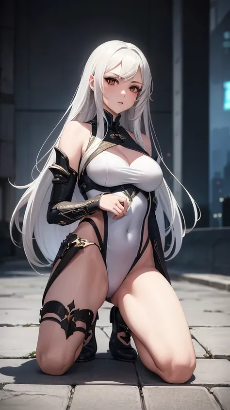 masterpiece, highest quality, (solo focus), (perfect face:1.1), (high detail:1.1),dramatic, 1girl, (pale skin), long white hair, white eyes, solo, long hair, medium breasts moon, night, white luxury suit, covered navel, pouty lips, covered, futuristic city...