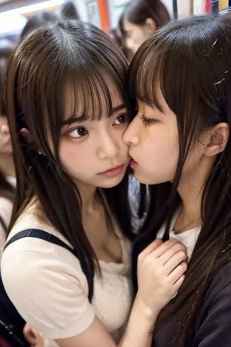 two female students pushed each other, angry expression, face to face, symmetric docking, {{kissu, close contact on crowded trai...