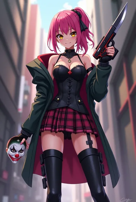 20 year old girl dark pink hair a brown lock a black corset black fingerless gloves a short plaid skirt dark yellow eyes a fusion gun with a knife a clown mask in her hand lives in My hero academia black high boots 