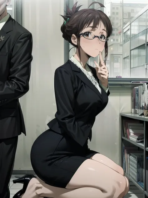 blowjob、office lady、tailored suits、pencil skirt、high heels、lower body of man in front of female face、a woman is sitting sideways...