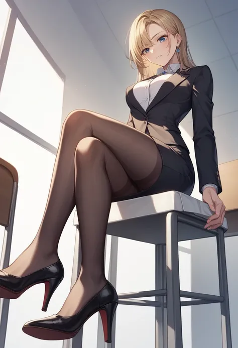 ((Best Quality)), ((masterpiece)), (be familiar with) Perfect Face、Mature beautiful woman、Sitting with legs crossed, ,whole body, See the audience at your feet、Looking down、Office Style、business suit、Black jacket、White open shirt、Black knee-length pencil s...