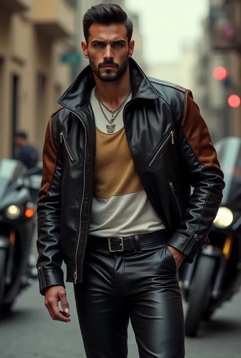 Masterpiece, HD wallpaper, 4k hombre arabe elegant y musculoso )(hairy body) strong muscular legs tight leather pants, Two-tone T-shirt with a spectacular leather and velvet jacket, fashion, modern surreal print,, close up, Perfect face, Many details,  sup...