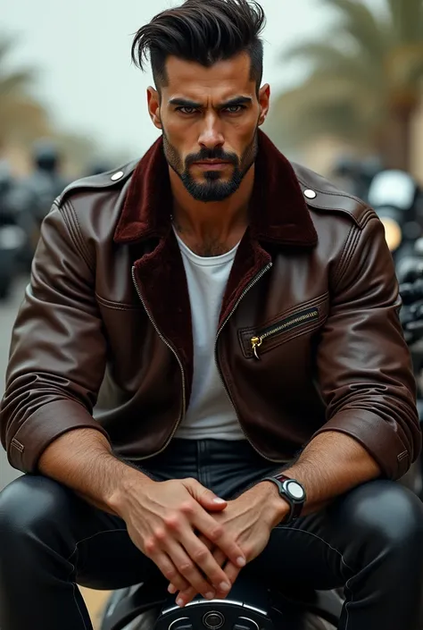 Masterpiece, HD wallpaper, 4k hombre arabe elegant y musculoso )(hairy body) strong muscular legs tight leather pants, Two-tone T-shirt with a spectacular leather and velvet jacket, fashion, modern surreal print,, close up, Perfect face, Many details,  sup...