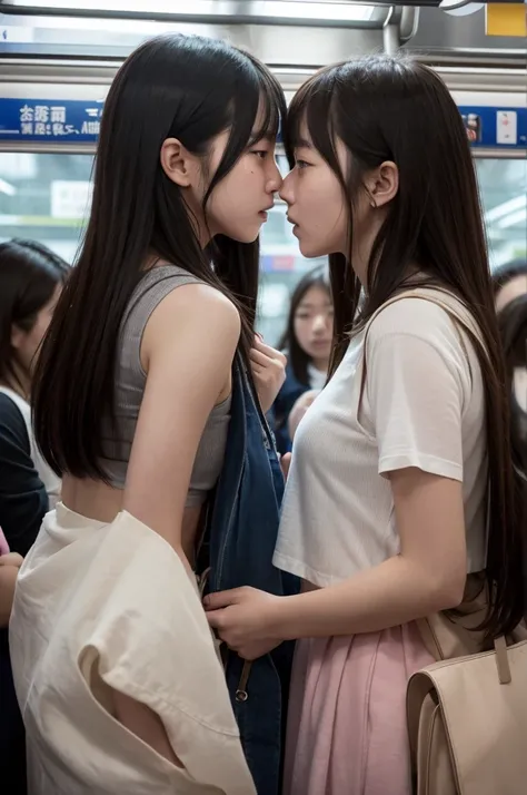 High resolution realistic photos,8k,Realistic skin texture,Young Japanese woman,Two female students pushed each other, Angry expression, face to face, Symmetric docking, {{kiss, Close contact on crowded trains, Pushed girl, Two girls stuck in the crowd, Fu...