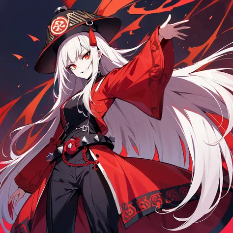 High detailed, 1 girl, long straight hair, pure white hair, red long sleeved jacket, black bustier, yao jun hat,  Spiked belt, red eyes, pale skin, black pants, evil grin