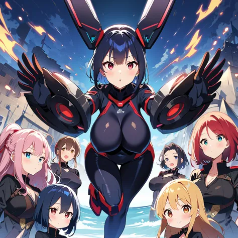 Anime,  black mecha bodysuits, girls surrounding, multiple girls, curvy body