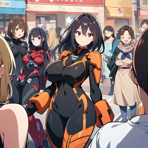 Anime,  black mecha bodysuits, girls surrounding, multiple girls, curvy body