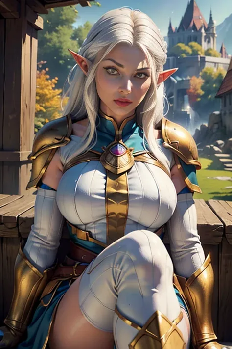 a beautiful white-skinned female elf with long white hair and yellow eyes, wearing a blue chestplate, white stockings, high boot...