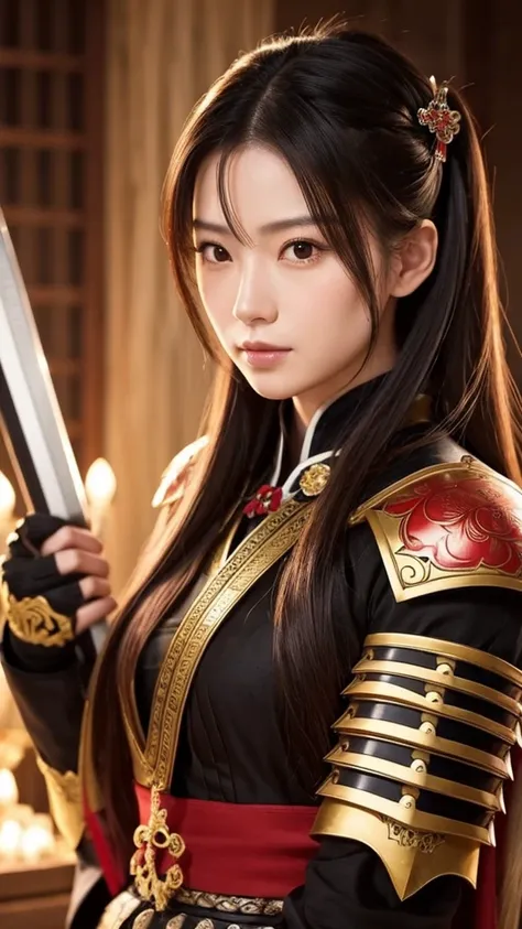 Please draw the brave and charming Oda Nobunaga as a woman in beautiful armor... Make her look realistic and reflect his distinctive armor and striking hairstyle. .