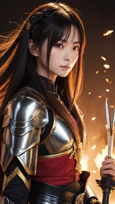 Please draw the brave and charming Oda Nobunaga as a woman in beautiful armor... Make her look realistic and reflect his distinctive armor and striking hairstyle. .