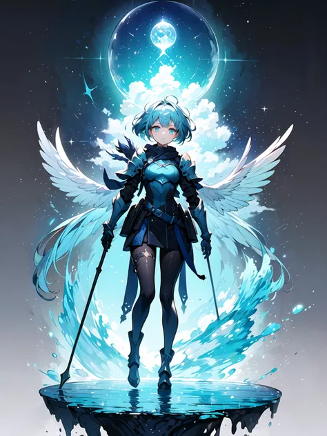 (((masterpiece, best quality, high detailed, 16k))) (1girl) An ethereal female warrior with short, flowing silver-blue hair and radiant aqua eyes. Her armor is light and futuristic, adorned with swirling water and air symbols. She carries a staff topped wi...