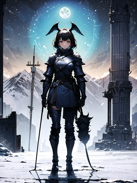 (((masterpiece, best quality, high detailed, 16k))) (1girl) A stern and determined female warrior with short, raven-black hair and ice-blue eyes. Her armor is made of solid, gleaming steel, adorned with mountain motifs and goat horns on her helmet. She wie...