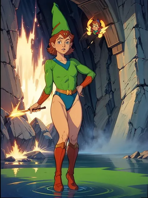 a redhead cartoon character, wonder woman outfit, green leotard, very muscular,  male wizard, 1980s cartoon, animated episode st...