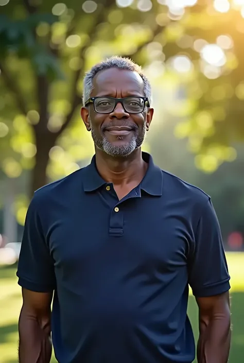 A 60-year-old African American man with short, graying hair and glasses, wearing a navy blue polo shirt, standing confidently with a calm expression. The background is blurred, showing a park with trees and sunlight filtering through.

