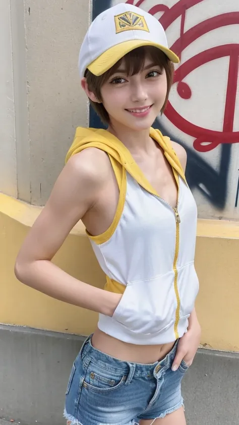 masterpieceTop qualityHighly detailed, 8k, Realistic, One Girl, Alone, Tomboy, Very detailed face, (Upper body photo:1.5), Hip hop graffiti pier, Pixie cut brown hair, He is wearing a short white tank top and an unzipped yellow hoodie..,I can see your ches...