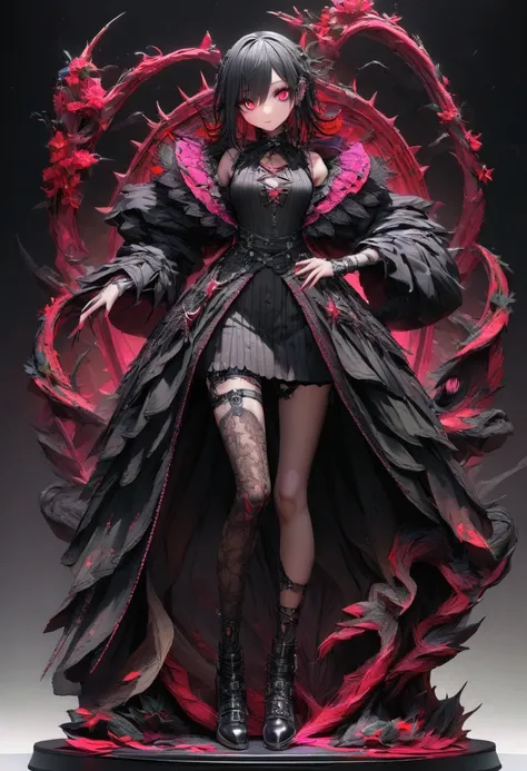 4k, Highly detailed, Sharp focus, 8k, Vibrant color, Solid color, Vivid color, Neutral colors, Detailed eyes, Stunningly beautiful, character sculpture of young woman, gothic punk attire textured, Ultra Hd, full body 