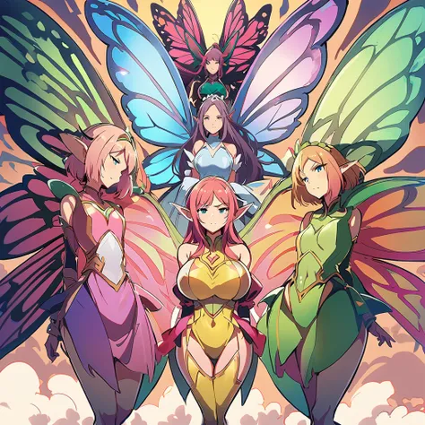 Fairy tales series, emerald armor, elf ears,  fairy womans, womans surrounding, multiple womans, curvy body, fairy wings, serious