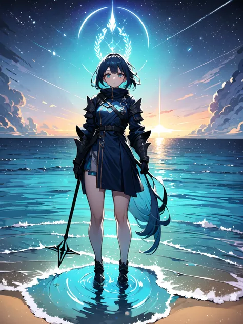 (((masterpiece, best quality, high detailed, 16k))) (1girl) A graceful, yet formidable female warrior with flowing, sea-blue hair and deep, reflective eyes like the ocean. Her shimmering, aqua-colored armor is adorned with seashells and water motifs, desig...